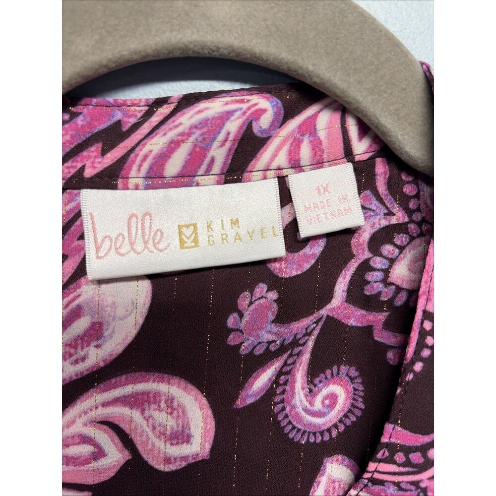 Bellle Kim Gravel-Burgundy Pink Paisley Semi-Sheer Lined Long Sleeve Top-1X - Picture 2 of 5